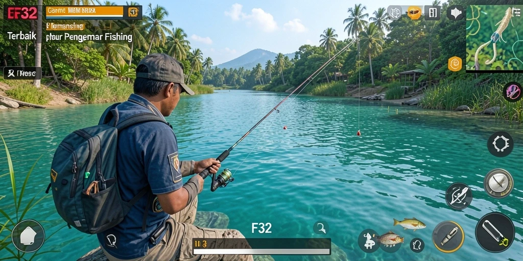 Gameplay seru F32 saat menangkap ikan di lokasi indah.